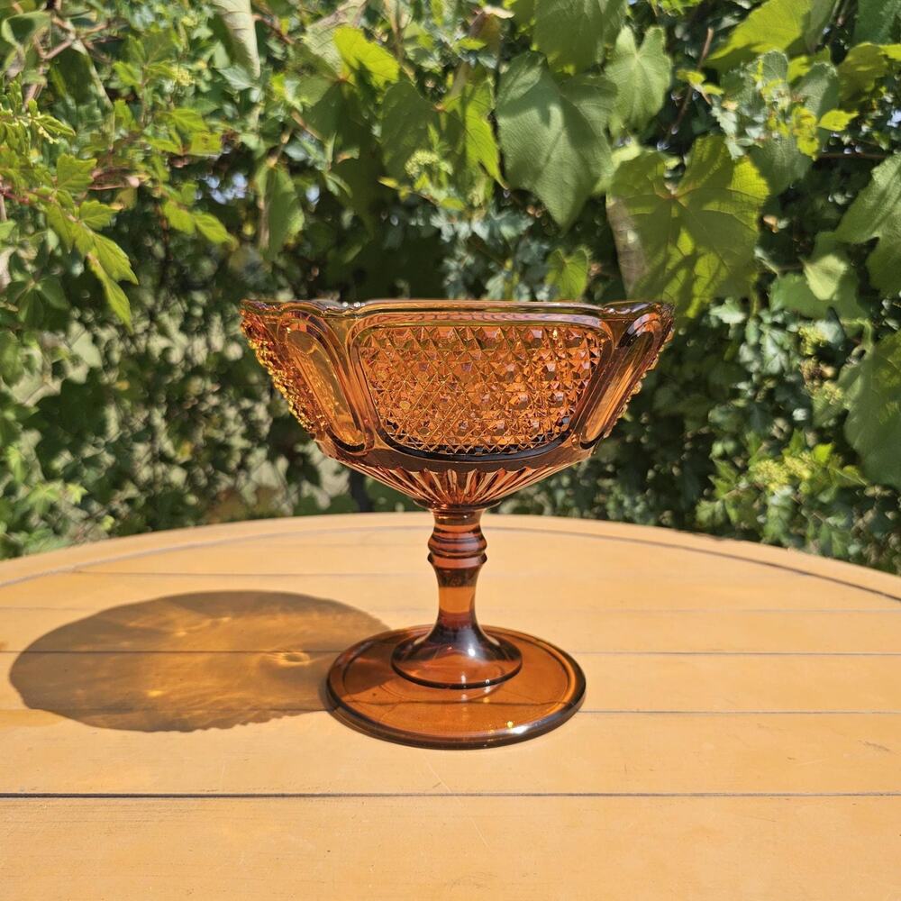 Vintage LG Wright Fine Cut and Panel Amber Glass Pedestal Dish